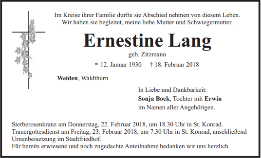 Traueranzeige Ernestine Lang, Weiden Waldturn richtig zugeschnitten