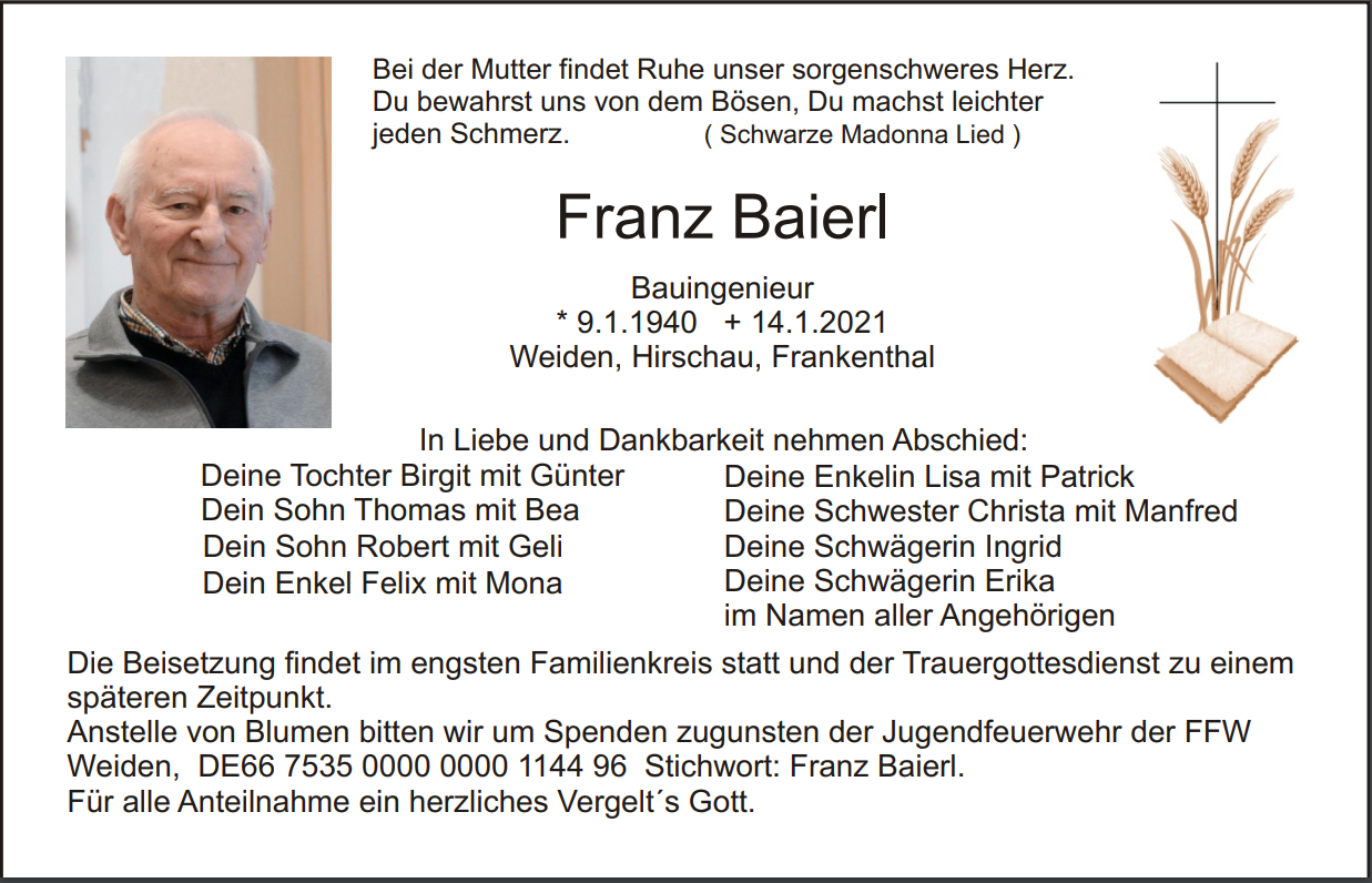 Traueranzeige Franz Baierl, Weiden