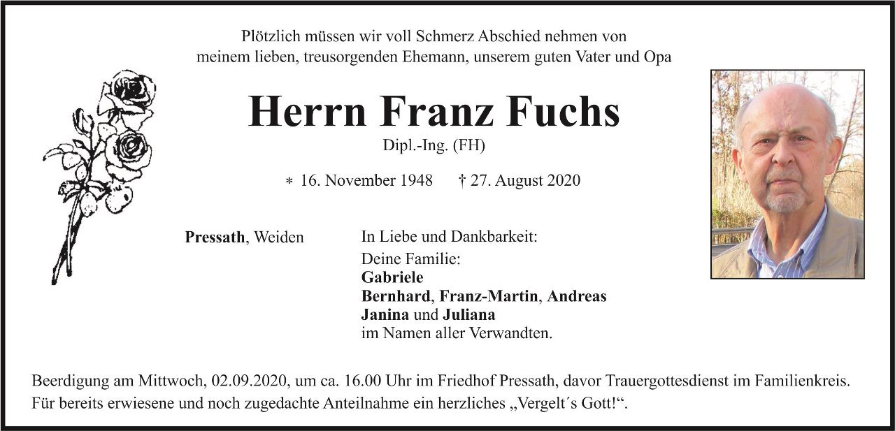 Traueranzeige Franz Fuchs, Pressath Weiden