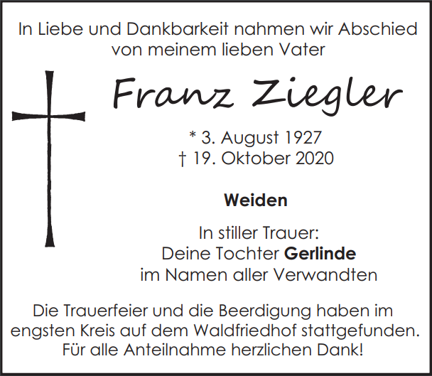 Traueranzeige Franz Ziegler, Weiden
