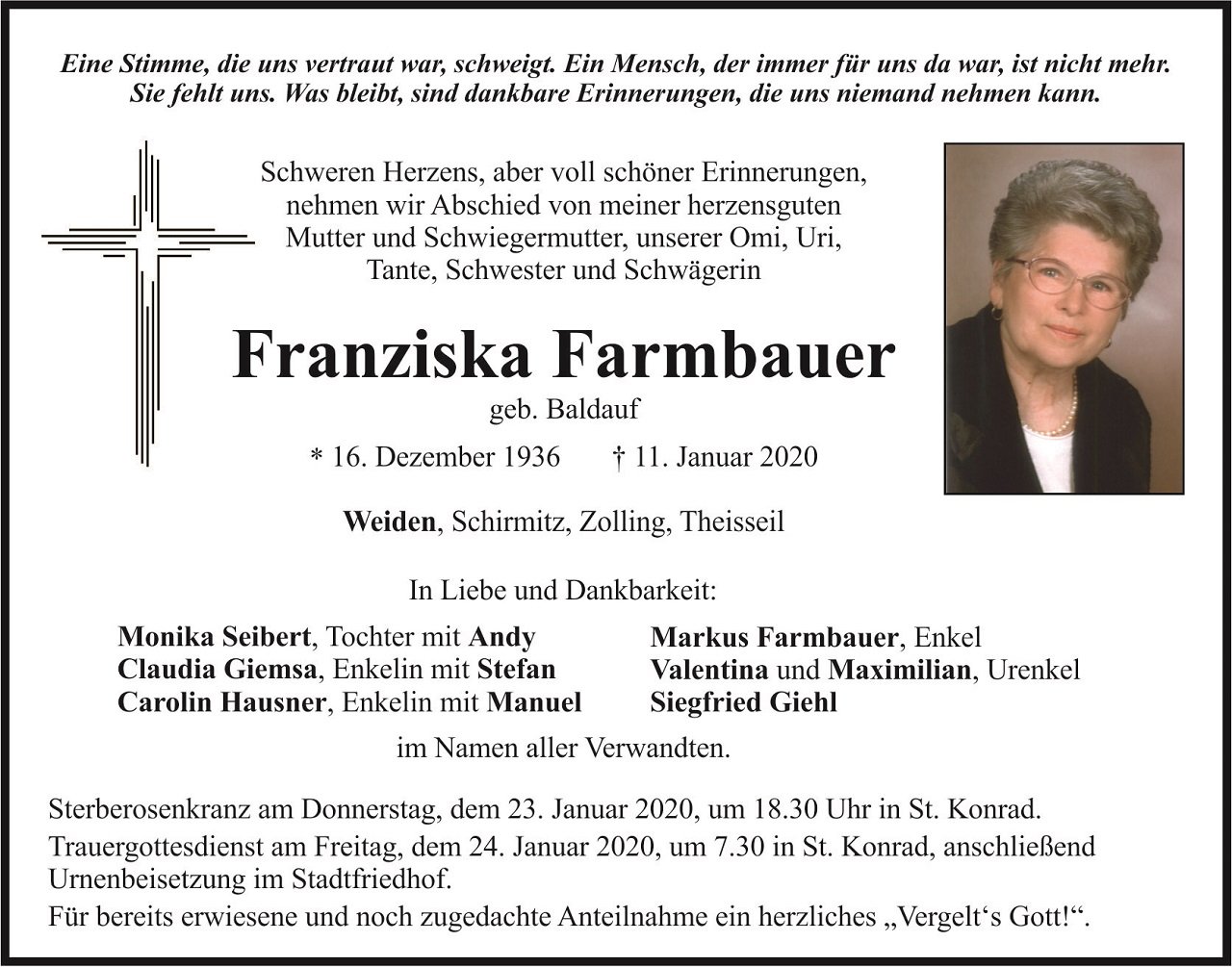 Traueranzeige Franziska Farmbauer Weiden