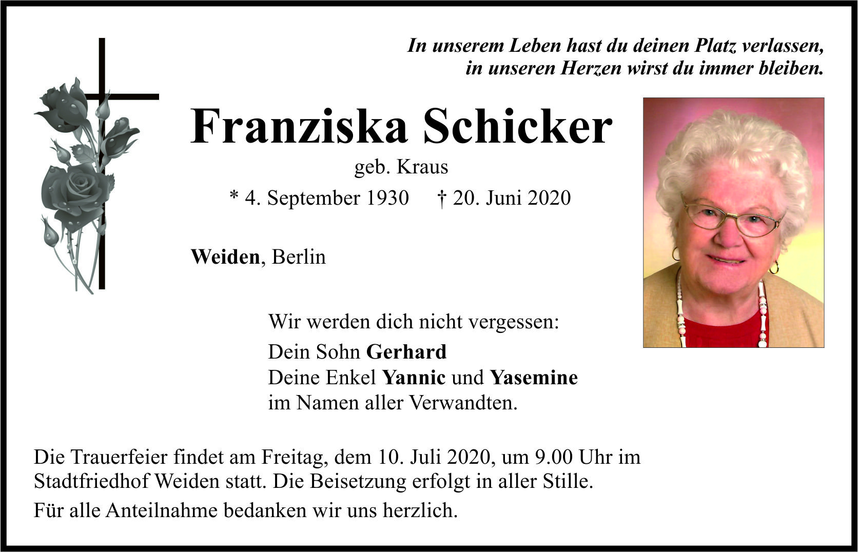 Traueranzeige Franziska Schicker, Weiden