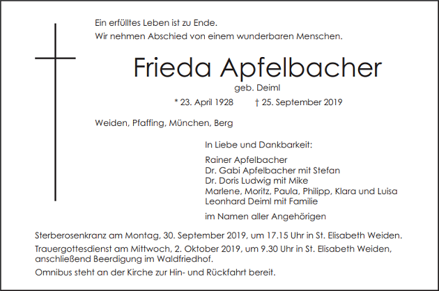 Traueranzeige Frieda Apfelbacher Weiden