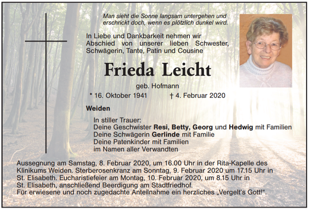 Traueranzeige Frieda Leicht Weiden