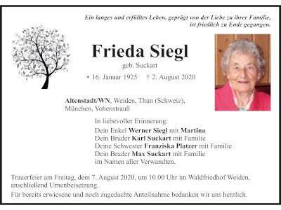 Traueranzeige Frieda Siegl, Altenstadt/WN