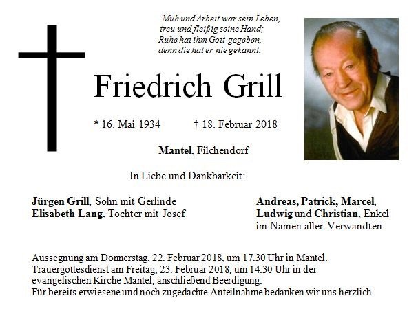 Traueranzeige Friedrich Grill