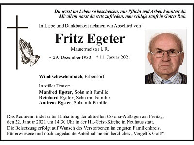 Traueranzeige Fritz Egeter, Windischeschenbach