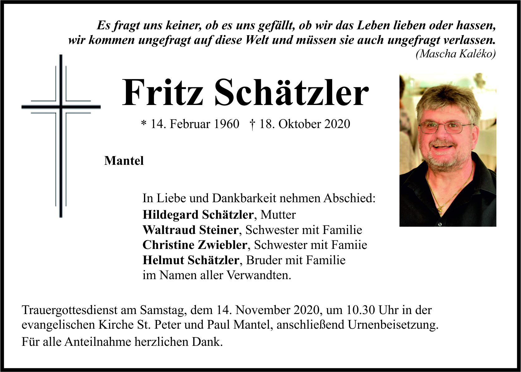 Traueranzeige Fritz Schätzler, Mantel