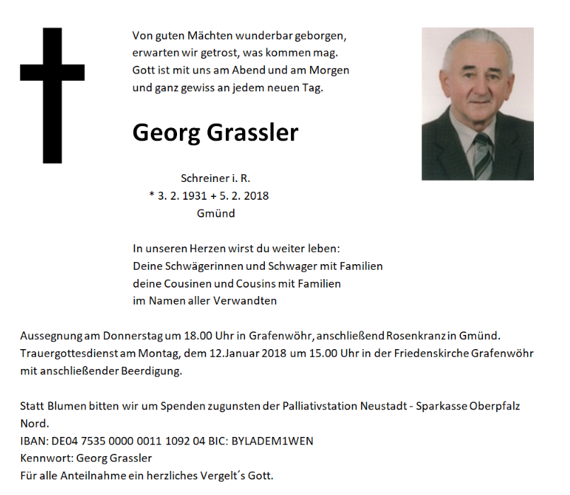 Traueranzeige Georg Grassler Gmünd