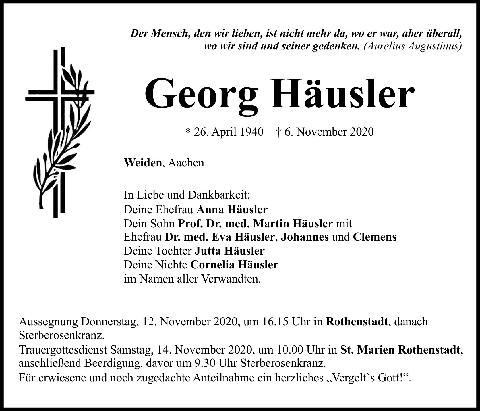 Traueranzeige Georg Häusler, Weiden