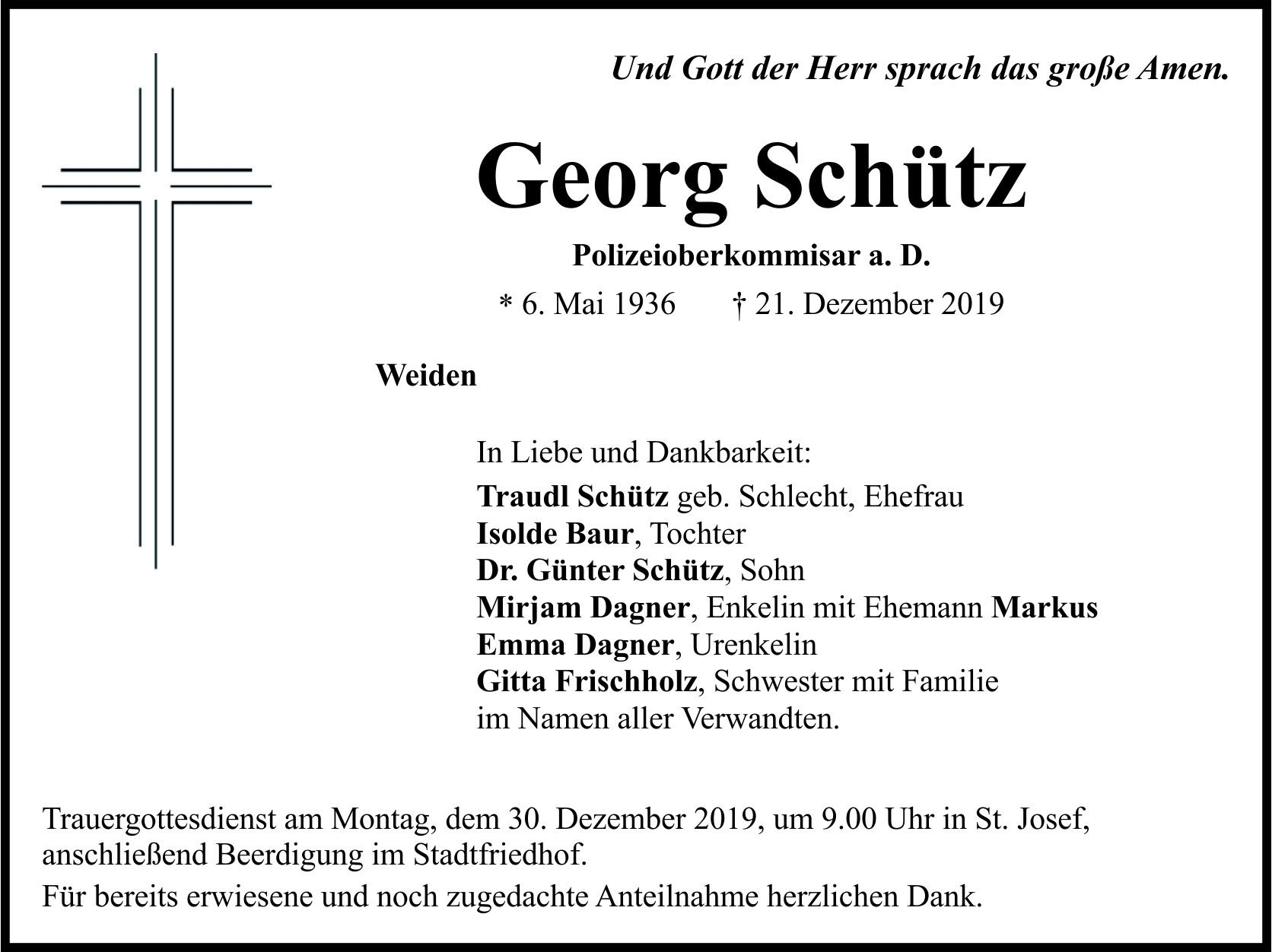 Traueranzeige Georg Schütz, Weiden