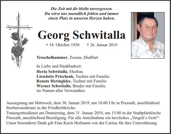 Traueranzeige Georg Schwitalla Troschelhammer