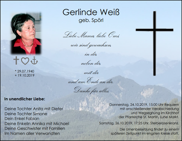 Traueranzeige Gerlinde Weiß Luhe