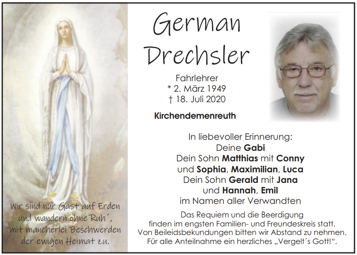 Traueranzeige German Drechsler, Kirchendemenreuth