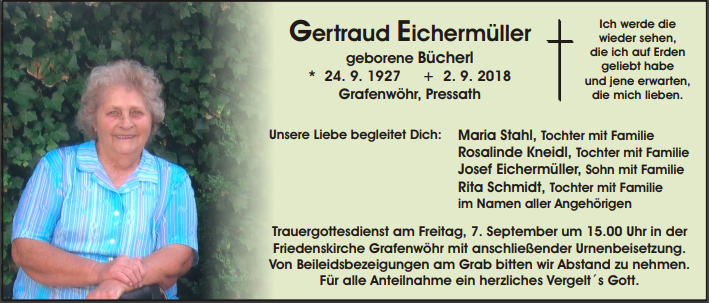 Traueranzeige Gertraud Eichermüller, Grafenwöhr