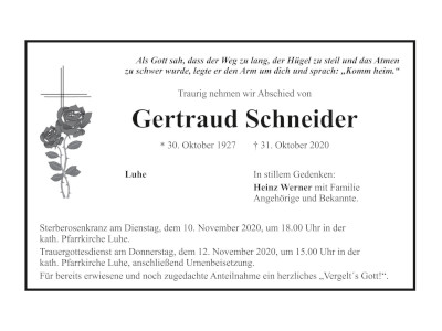 Traueranzeige Gertraud Schneider, Luhe