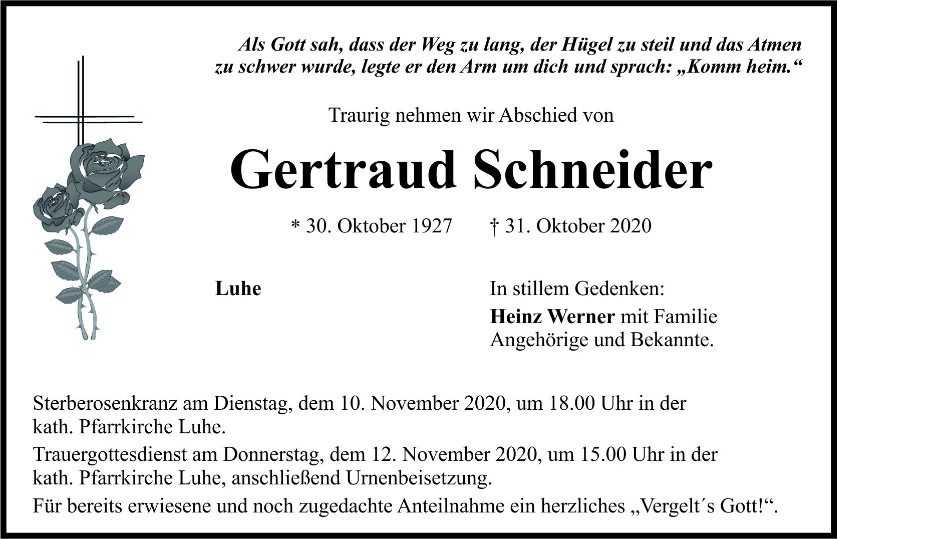 Traueranzeige Gertraud Schneider, Luhe