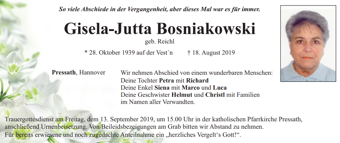 Traueranzeige Gisela-Jutta Bosniakowski, Pressath