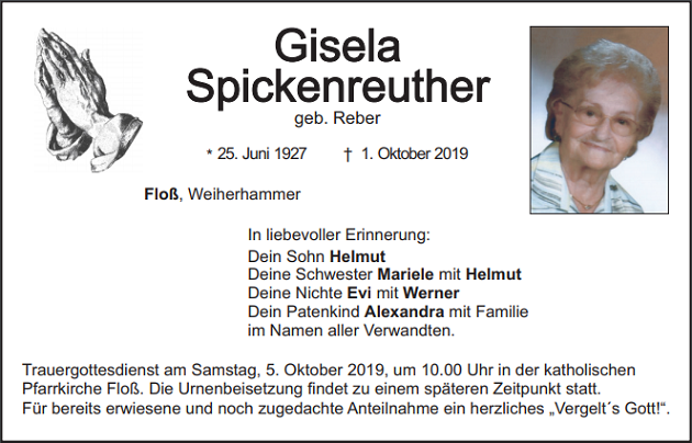 Traueranzeige Gisela Spickenreuther Floß