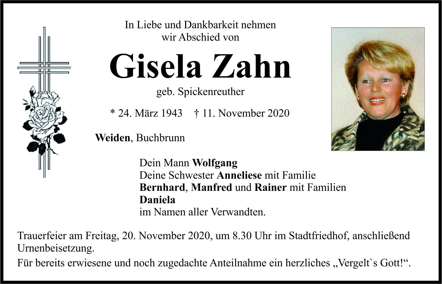Traueranzeige Gisela Zahn, Weiden
