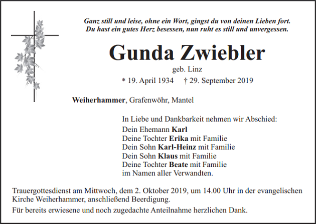 Traueranzeige Gunda Zwiebler Weiherhammer