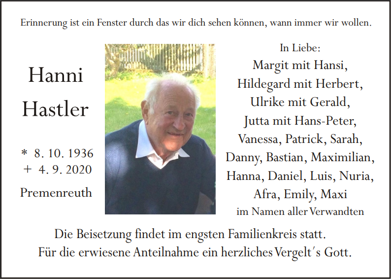 Traueranzeige Hanni Hastler Premenreuth