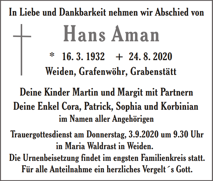 Traueranzeige Hans Aman Weiden