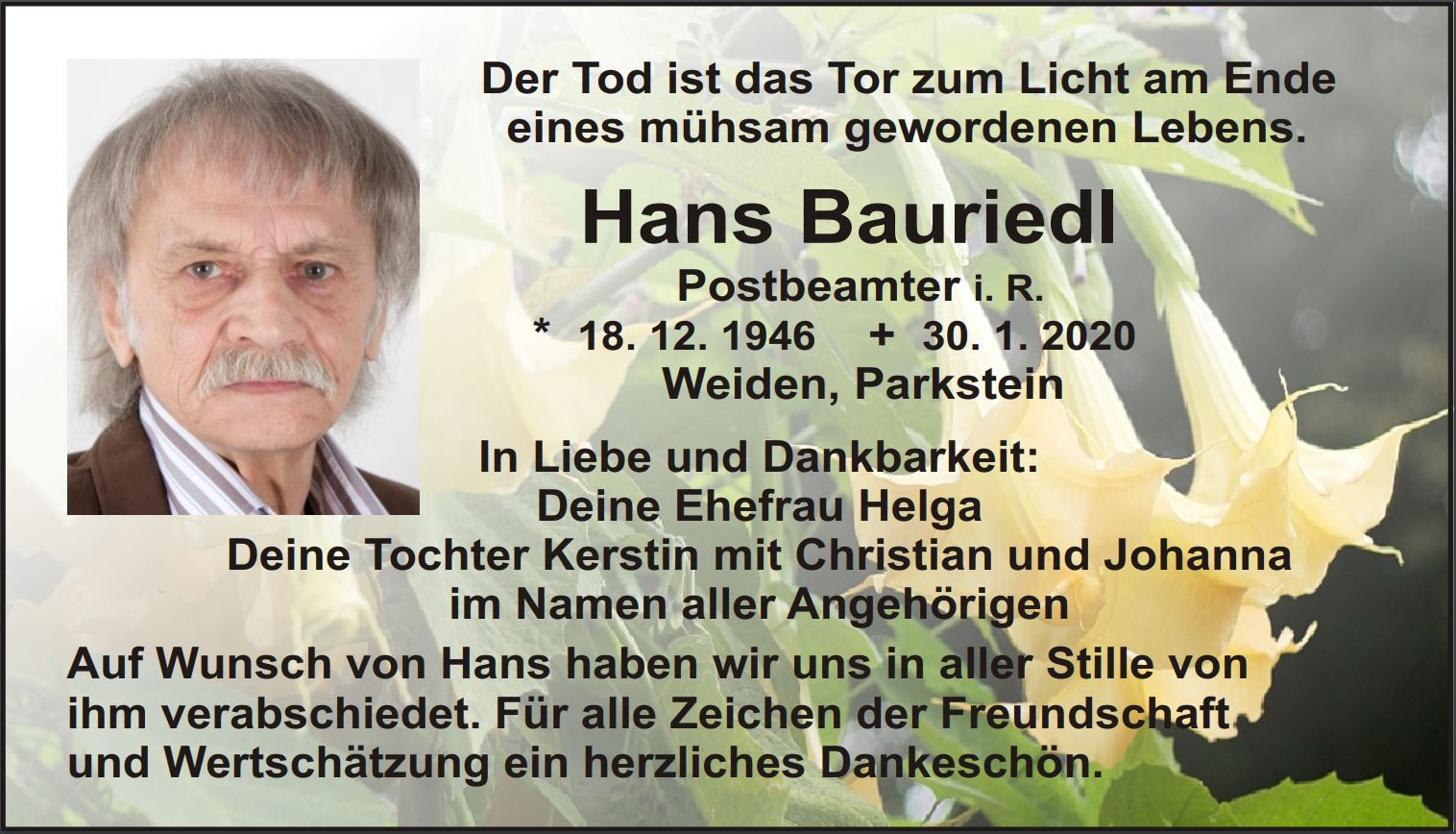 Traueranzeige Hans Bauriedl, Weiden
