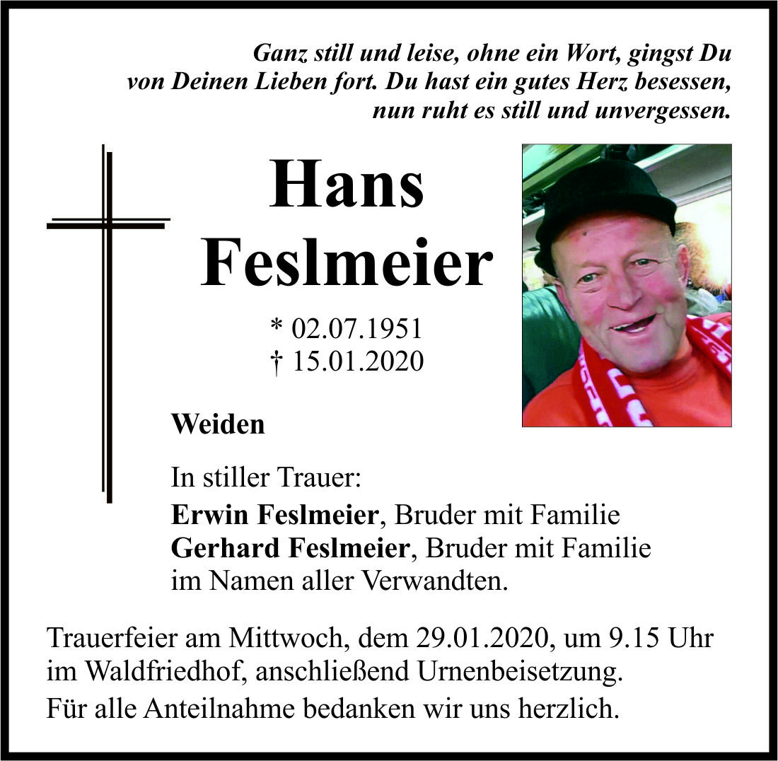 Traueranzeige Hans Feslmeier, Weiden