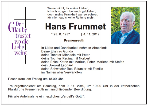 Traueranzeige Hans Frummet Premenreuth