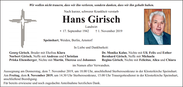 Traueranzeige Hans Girisch Speinshart