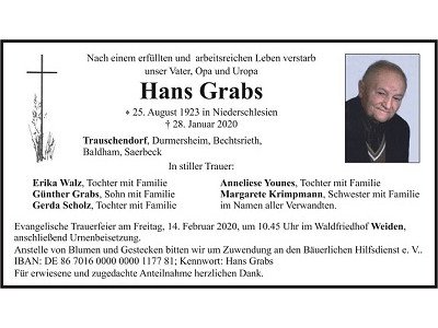 Traueranzeige Hans Grabs, Trauschendorf