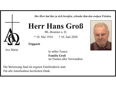 Traueranzeige Hans Groß, Trippach