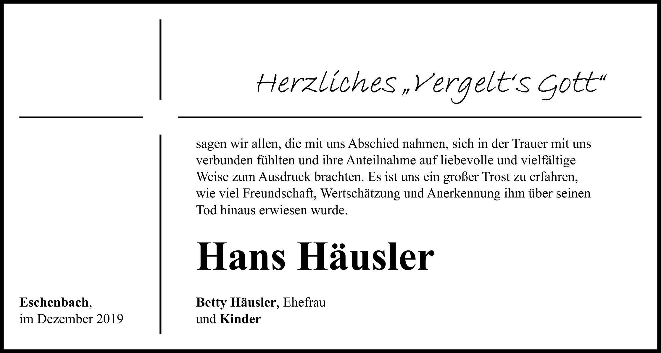 Traueranzeige Hans Häusler, Eschenbach