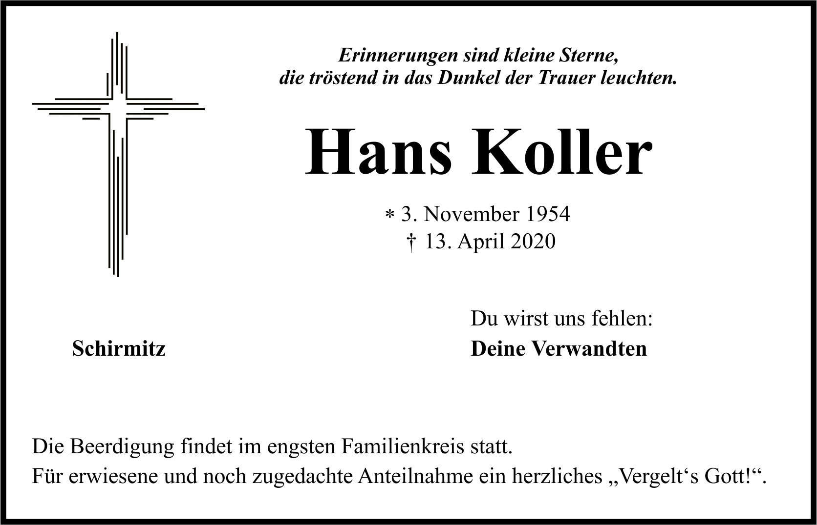 Traueranzeige Hans Koller