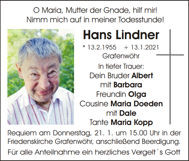 Traueranzeige Hans Lindner Grafenwöhr