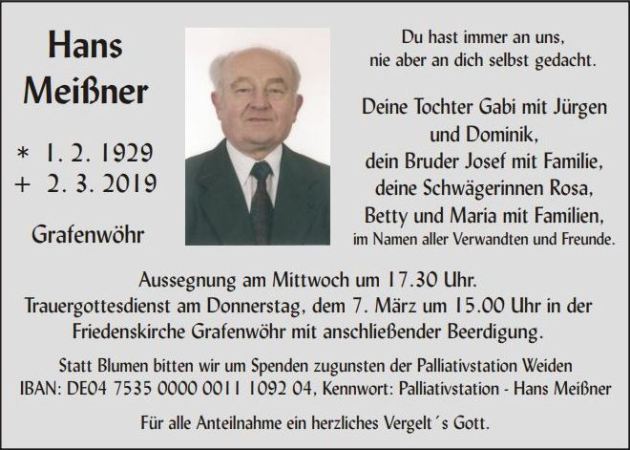 Traueranzeige Hans Meißner Grafenwöhr