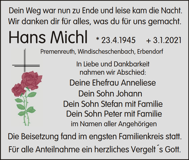 Traueranzeige Hans Michl Premenreuth