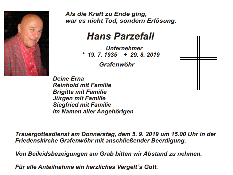 Traueranzeige Hans Parzefall Grafenwöhr