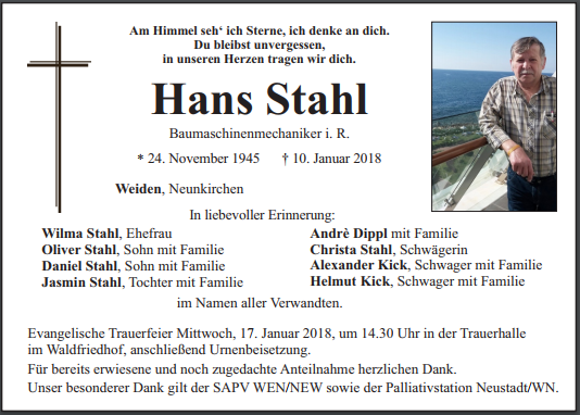 Traueranzeige Hans Stahl Weiden