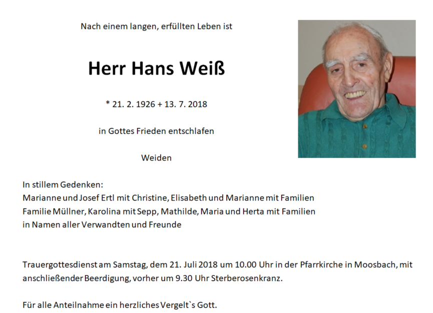 Traueranzeige Hans Weiß Weiden