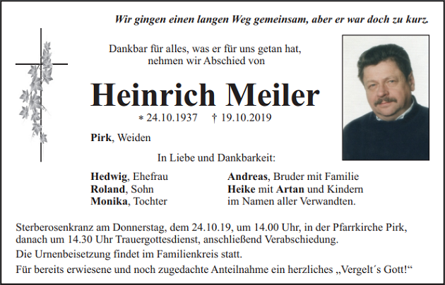Traueranzeige Heinrich Meiler Pirk