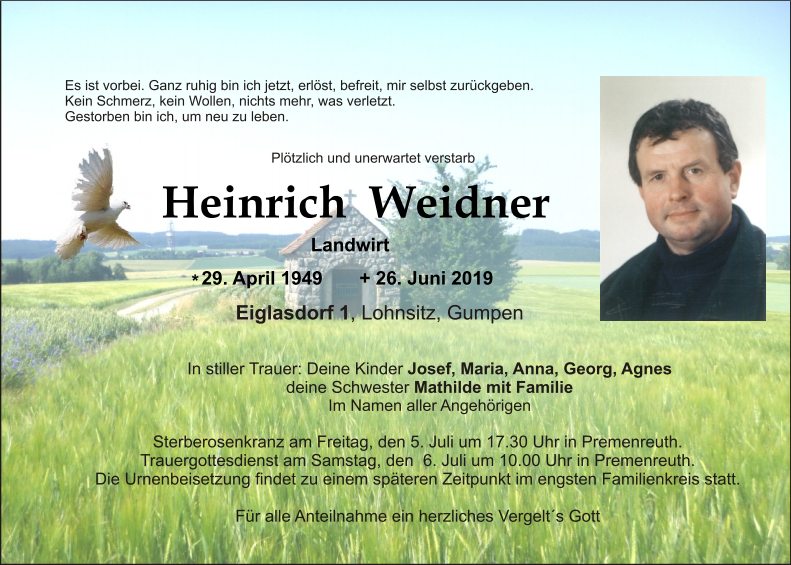 Traueranzeige Heinrich Weidner Lohnsitz