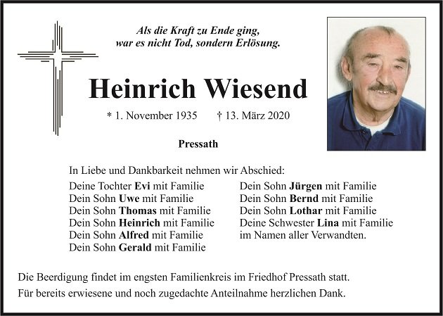 Traueranzeige Heinrich Wiesend Pressath