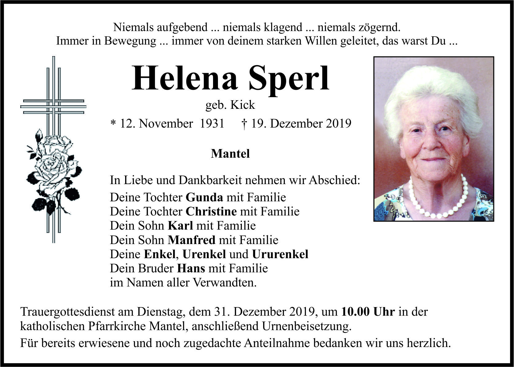 Traueranzeige Helena Sperl, Mantel