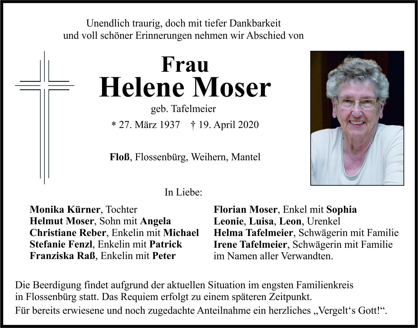 Traueranzeige Helene Moser