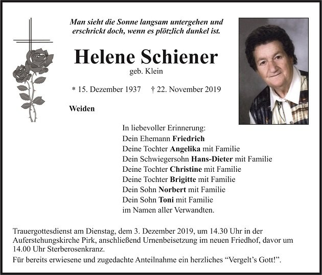 Traueranzeige Helene Schiener Weiden