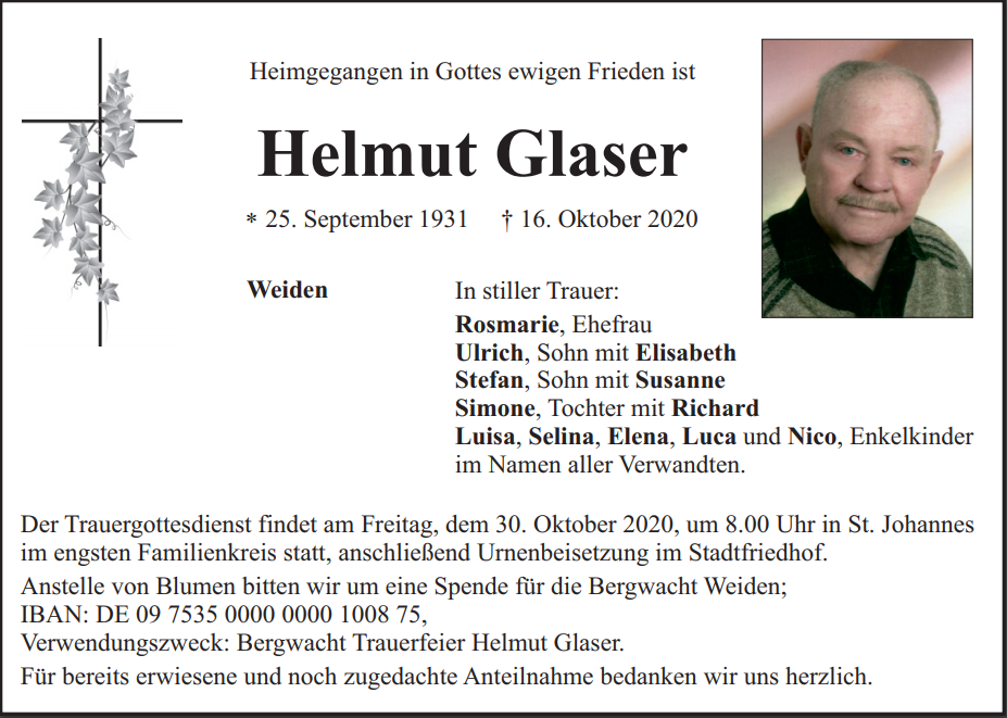 Traueranzeige Helmut Glaser, Weiden