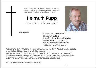 Traueranzeige Helmuth Rupp Dietersdorf