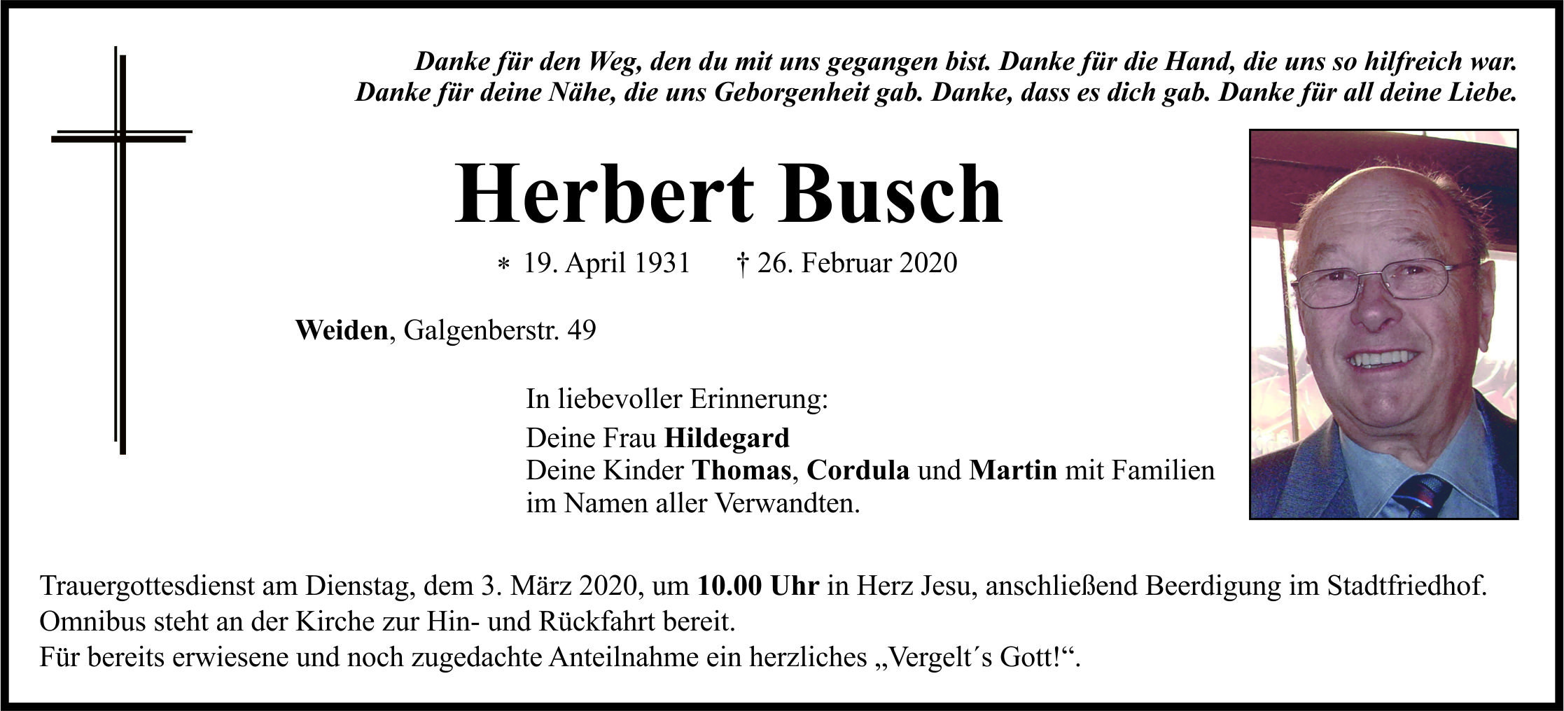 Traueranzeige Herbert Busch, Weiden